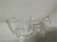 Clear Glass Horse and Wagon 2 1/4"Tall 4 3/4"Long