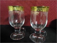 Set of 2 Etched and Gold Glass Goblets 6"Tall Each