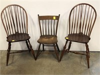 Three unmatched antique wood chairs