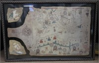 Large Decorative Map Encased in Glass Frame