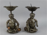 Pr. of Antique Chinese Figural Pewter Candlestands