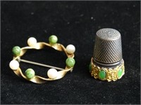 Gold Pin w/ Jade & Pearls & Silver Thimble w/ Jade