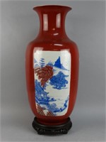 Chinese Red Glazed Vase w/ B&W Panels
