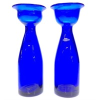 Pair Of Cobalt Blue Blenko Candle Holders