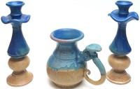 SIGNED POTTERY PITCHER & CANDLE HOLDERS