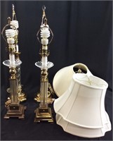 2 PAIRS OF GLASS AND BRASS LAMPS
