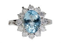 14K White gold oval cut blue zircon ring,