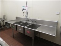 103" SS 3-COMPARTMENT DEEP SINK W/DUAL FAUCETS &
