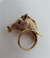 14K Gold Horse Head Ring with Ruby Eyes