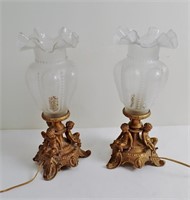 Vintage Bronze Putti Lamps with Hurricanes