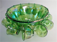 Iridescent Lime Carnival Glass Punch Bowl & Cups