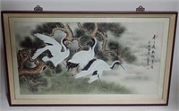 Magnificent Framed Asian Watercolor of Cranes