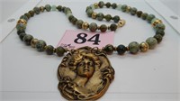 NATURAL STONE BEADED NECKLACE WITH METAL PENDANT