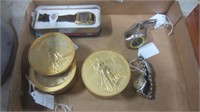 BOX OF LARGE COINS AND WATCHES