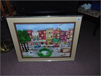 TOWN SCENCE PAINTING, STORES AND CARS, WATERCOLOR