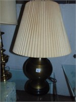 BRASS LOOKING LAMP, WOODEN BASE, CREAM COLORED
