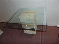 FAUX MARBLE, GLASS TOP, END STAND. 26" SQUARE