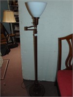BROWN METAL FLOOR LAMP, ADJUSTABLE ARM, GLASS
