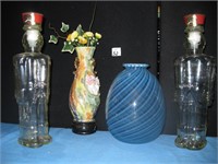 BLUE SMALL VASE AND TWO SMIRNOFF GLASS BOTTLES