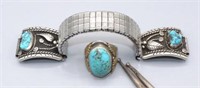 Turquoise Watch Band, Indian Silver &10K Ring
