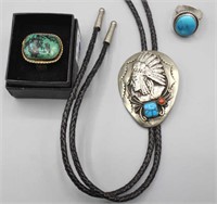 Turquoise Indian Sterling Silver Rings &  Bolo Tie