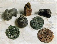 Oriental Carved Figures, Medallions and Stamp.