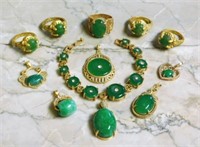 Jade Colored Stone Jewelry in Gold Tone Settings.