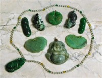 Jade Colored Stone Pendants and Necklaces.  9 pc.
