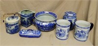 Blue Willow Style Ironstone Decoratives.  7 pc.