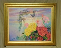 "Figure in the Flowers" Oil on Canvas, Signed.