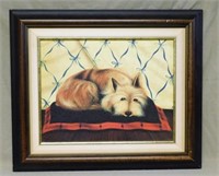 Dog Resting on a Cushion Oil Print, Signed Paul S.