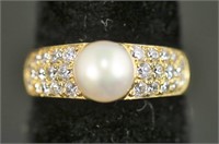 "14KT" YELLOW GOLD SAPPHIRE & PEARL RING