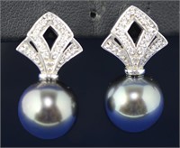 PAIR OF WHITE GOLD BLACK PEARL & DIAMOND EARRINGS