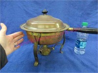 old copper & brass chafing dish - wooden handle