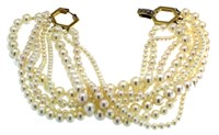 14kt Gold 8 Strand Pearl & Diamond Bracelet