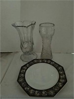 Tall heavy glass vases and Rosenthal plate