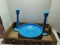 Vintage blue Console bowl and candlesticks