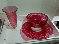 Cranberry glass bowl plate and vase