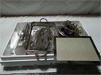 Silver plate serving pieces, trivets and