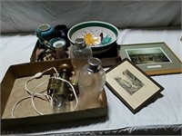 2 boxes bowl lamps, pictures and miscellaneous