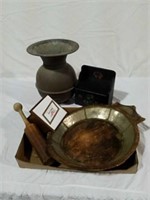 Metal spittoon, coasters, box, masher and bowl
