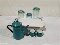 2 boxes enamelware pan, coffee pot and cups
