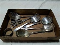 Silver Plate spoons, napkin rings and tongs