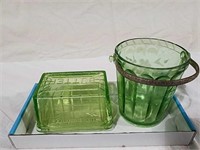 Green depression glass butter dish and Ice Bucket