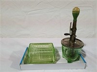 Green depression glass butter dish and egg beater