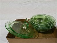 Green depression glass bowl set and platters