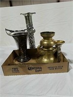 Silver Plate and other metal vase, candlesticks