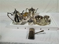 Silver plate tea sets and crumb catcher