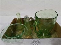 Green depression glass salt and pepper shakers,