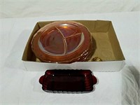 Marigold divided carnival glass plates and Ruby